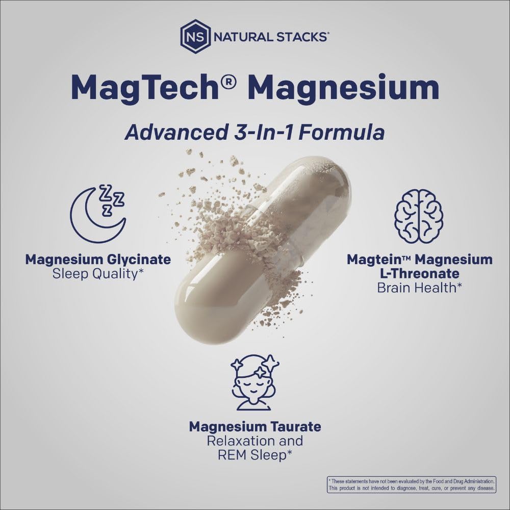MagTech Magnesium Complex - 3 Forms of Magnesium: Magtein L-Threonate, Glycinate & Taurate - 200mg Chelated Magnesium Supplement - Supports Relaxation & Brain Health - 90 Capsules