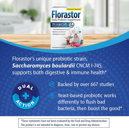 Florastor Probiotics for Digestive and Immune Health, 100 Capsules, Probiotics for Women & Men, Helps Flush Out Bad Bacteria, Boosts The Good with Our Unique Strain Saccharomyces Boulardii