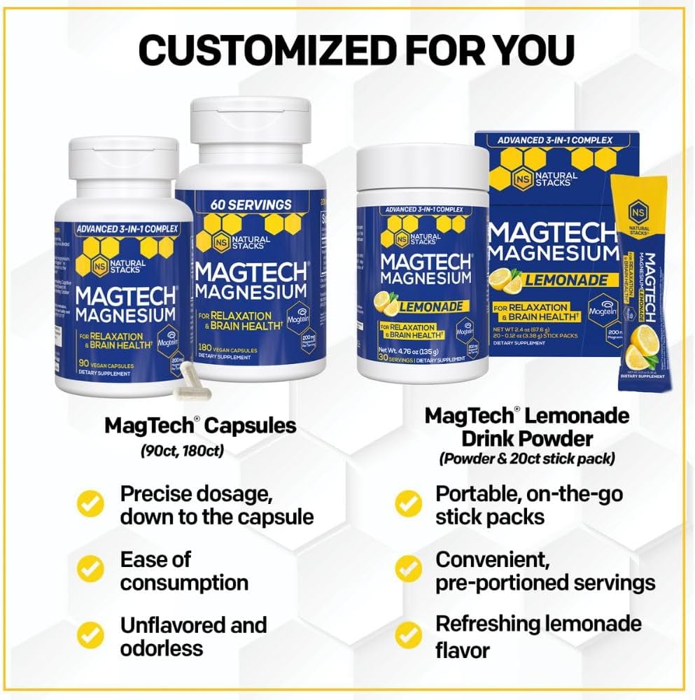 MagTech Magnesium Complex - 3 Forms of Magnesium: Magtein L-Threonate, Glycinate & Taurate - 200mg Chelated Magnesium Supplement - Supports Relaxation & Brain Health - 90 Capsules