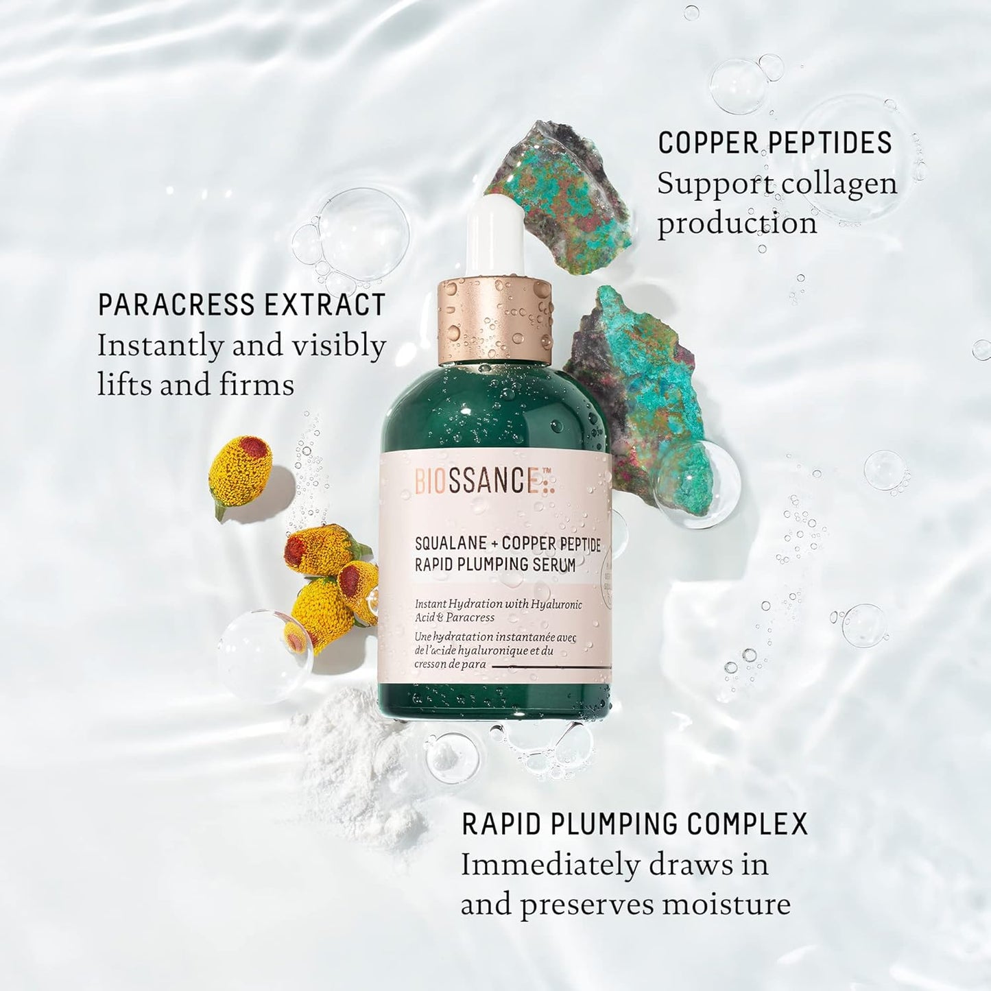 Biossance Squalane + Copper Peptide Rapid Plumping Serum - Face Serum for All Skin Types - Visibly Plumping + Firming Skin, Fine Lines + Wrinkles, Vegan Copper Peptides, Hyaluronic Acid