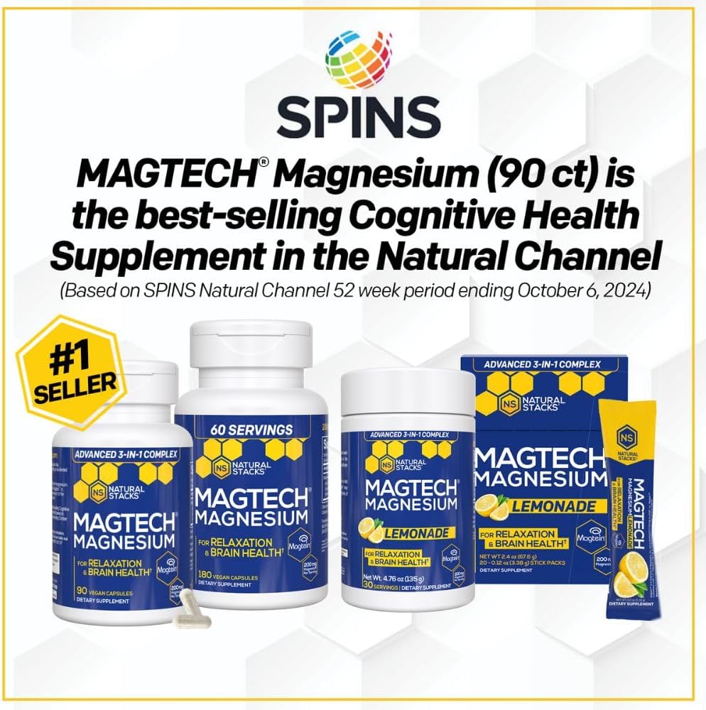 MagTech Magnesium Complex - 3 Forms of Magnesium: Magtein L-Threonate, Glycinate & Taurate - 200mg Chelated Magnesium Supplement - Supports Relaxation & Brain Health - 90 Capsules