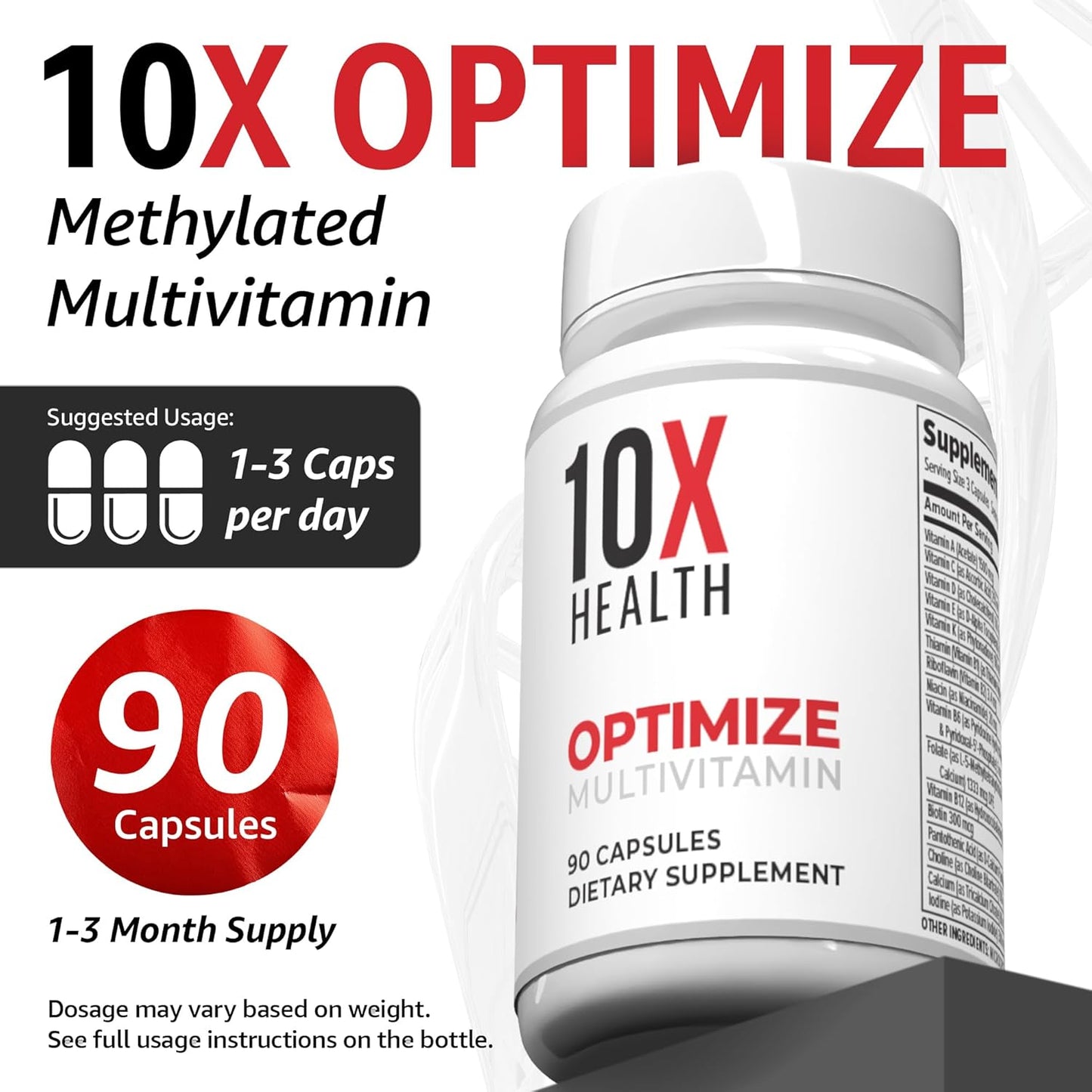 10X Health Optimize Methylated Multivitamin - 90 Capsules, 34 in 1 Formula with 800 mcg of Vitamin B12 - Methylated Multivitamin for Men & Women with 5-MTHF, NAC, Methyl B Complex - MTHFR Supplement