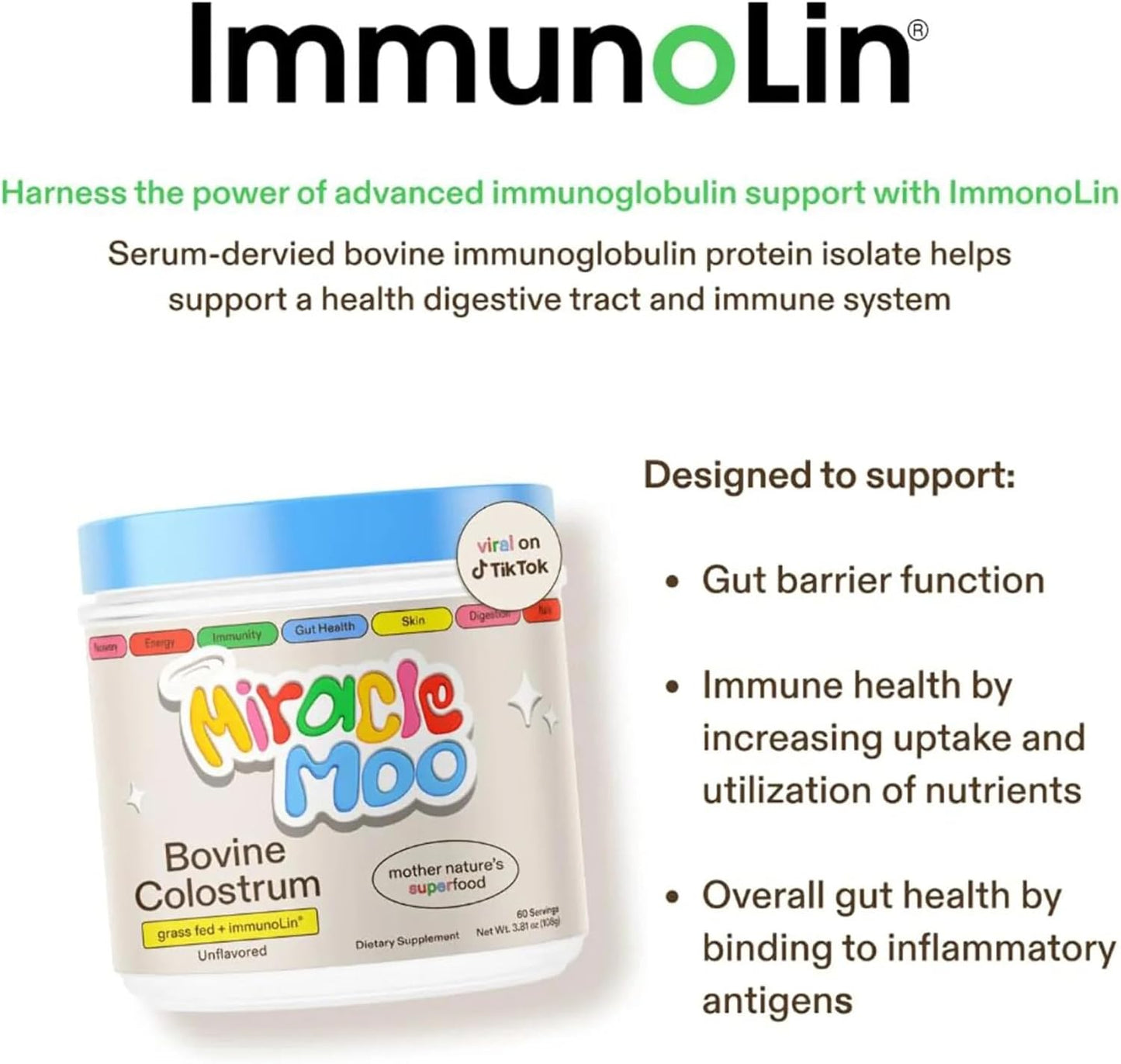 Miracle Moo Colostrum Supplement for Gut Health, Hair Growth, and Immune Support, Unflavored 60 Servings