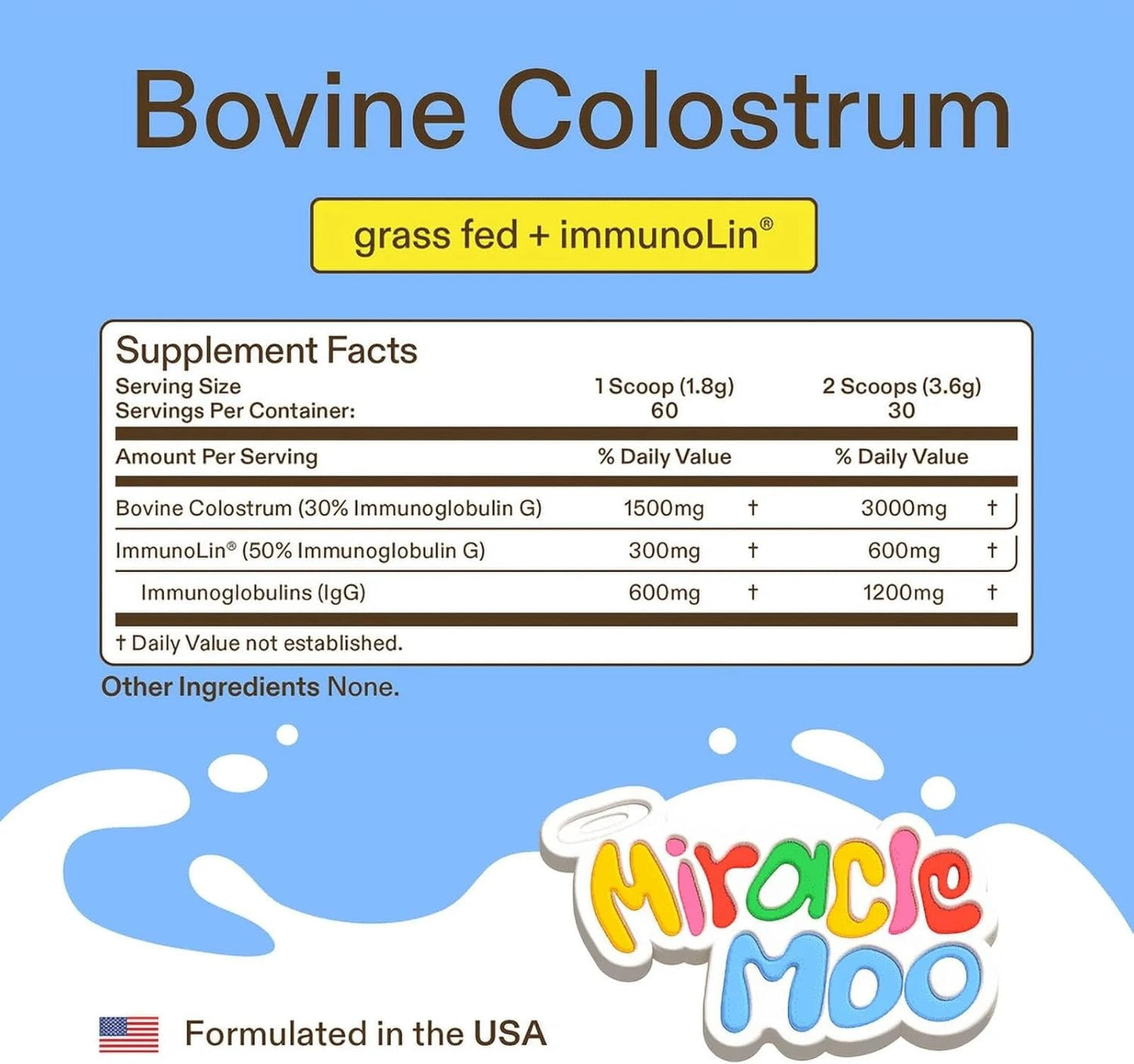 Miracle Moo Colostrum Supplement for Gut Health, Hair Growth, and Immune Support, Unflavored 60 Servings