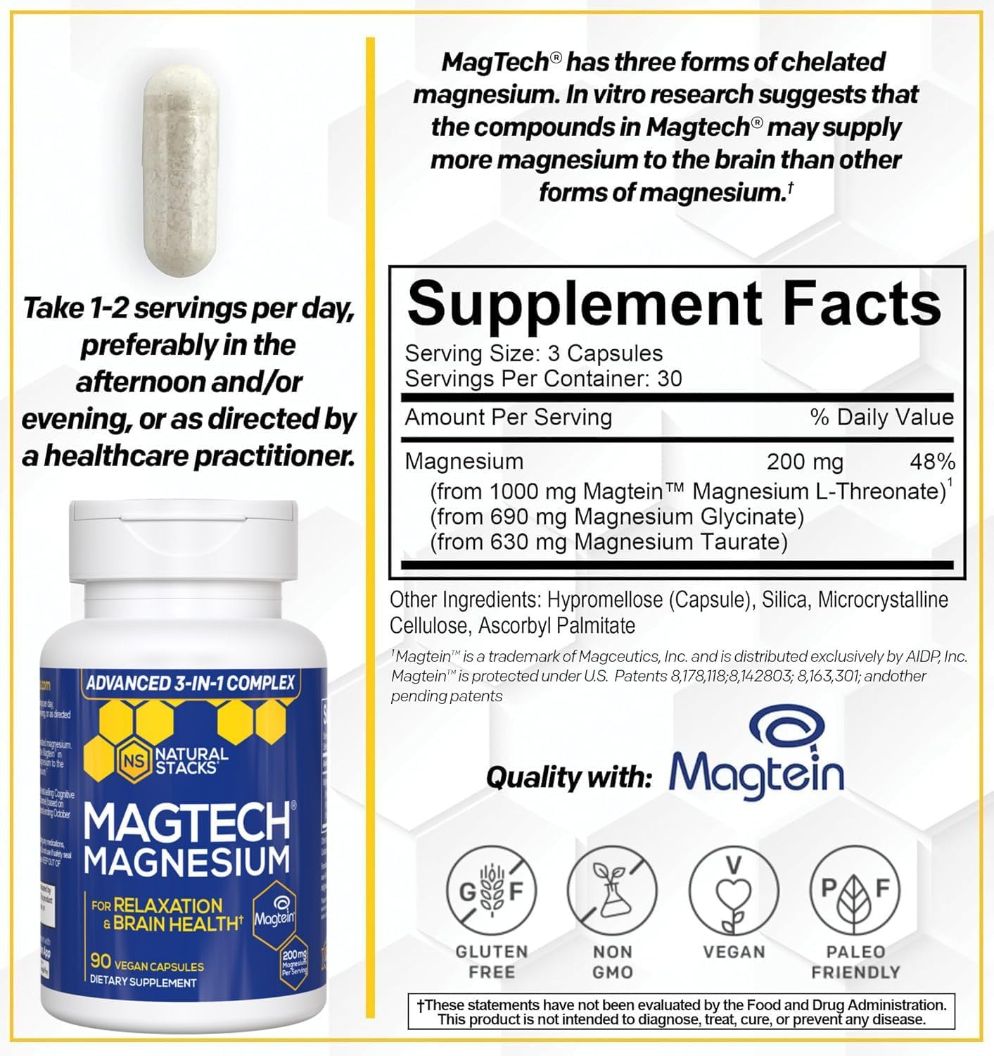 MagTech Magnesium Complex - 3 Forms of Magnesium: Magtein L-Threonate, Glycinate & Taurate - 200mg Chelated Magnesium Supplement - Supports Relaxation & Brain Health - 90 Capsules