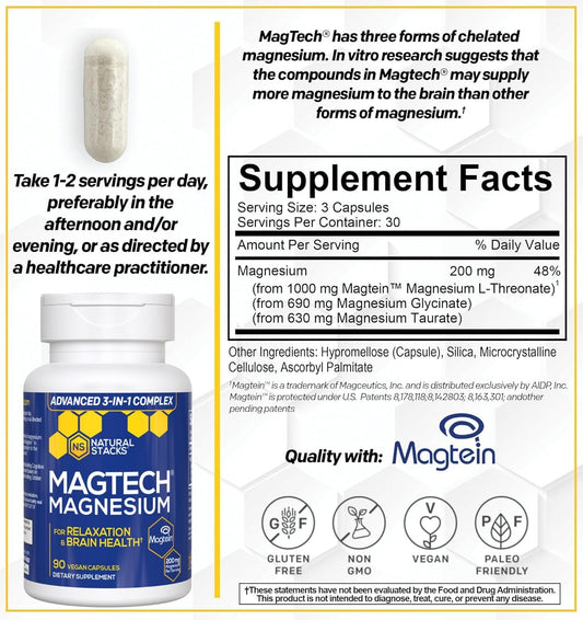 MagTech Magnesium Complex - 3 Forms of Magnesium: Magtein L-Threonate, Glycinate & Taurate - 200mg Chelated Magnesium Supplement - Supports Relaxation & Brain Health - 90 Capsules