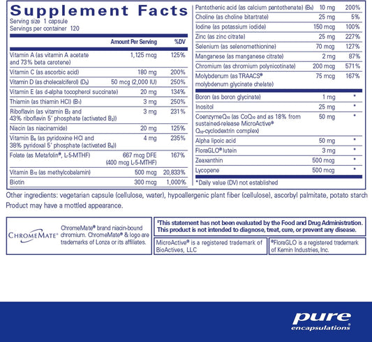 Pure Encapsulations O.N.E. Multivitamin - Once Daily Multivitamin with Antioxidant Complex Metafolin, CoQ10, and Lutein to Support Vision, Cognitive Function, and Cellular Health* - 120 Capsules