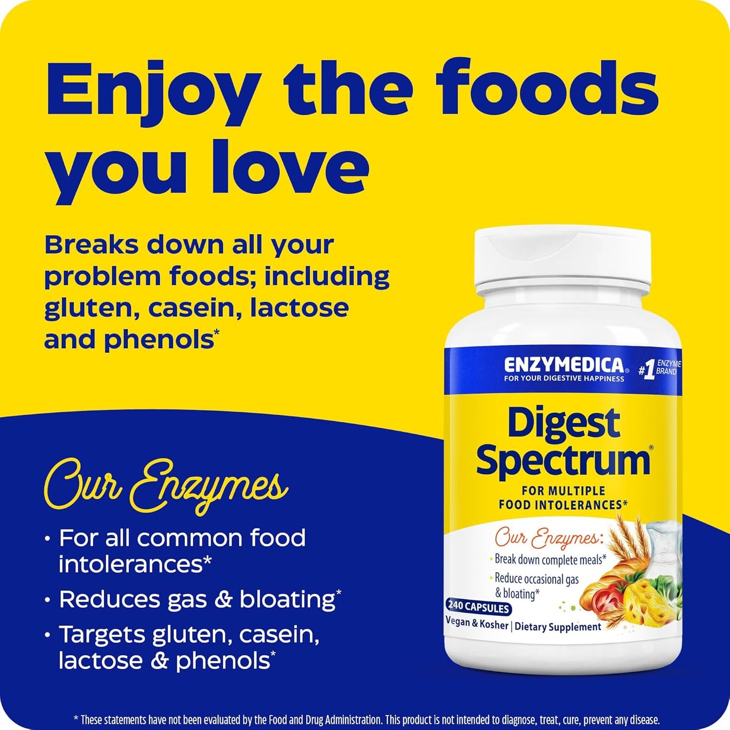 Enzymedica Digest Spectrum, Digestive Enzymes for Multiple Food Intolerances, Breaks Down Gluten, Phenol, Lactose & Casein, Offers Fast-Acting Gas & Bloating Relief, 240 Count