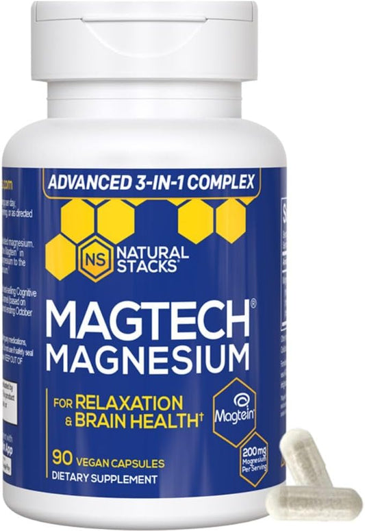 MagTech Magnesium Complex - 3 Forms of Magnesium: Magtein L-Threonate, Glycinate & Taurate - 200mg Chelated Magnesium Supplement - Supports Relaxation & Brain Health - 90 Capsules