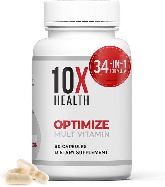 10X Health Optimize Methylated Multivitamin - 90 Capsules, 34 in 1 Formula with 800 mcg of Vitamin B12 - Methylated Multivitamin for Men & Women with 5-MTHF, NAC, Methyl B Complex - MTHFR Supplement