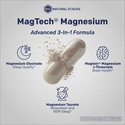 MagTech Magnesium Complex - 3 Forms of Magnesium: Magtein L-Threonate, Glycinate & Taurate - 200mg Chelated Magnesium Supplement - Supports Relaxation & Brain Health - 90 Capsules