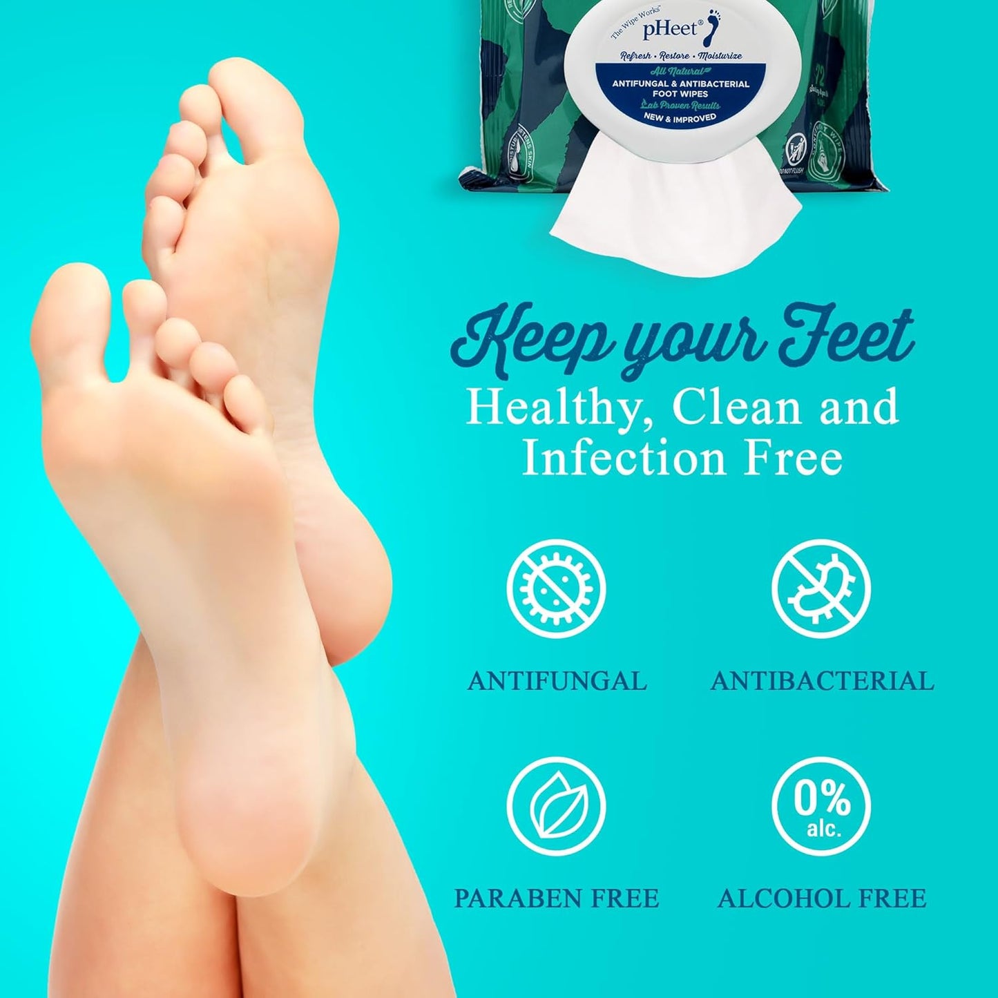 pHeet® Foot Wipes All-Natural Antifungal & Antibacterial Formula, Cleanses, Moisturizes, Prevents & Kills Athletes Foot, Toenail & Foot Fungus, Odor & Improves Dry, Cracked, Flaky & Diabetic Skin 72ct