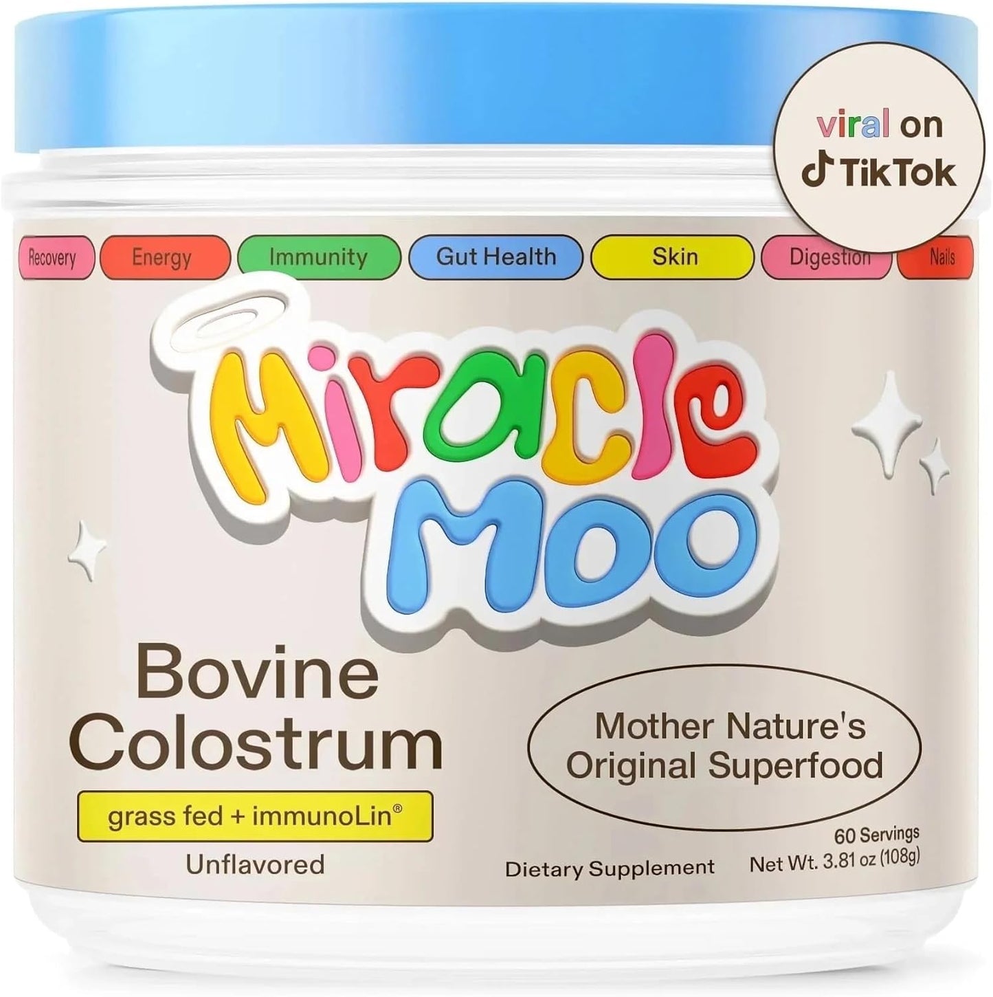 Miracle Moo Colostrum Supplement for Gut Health, Hair Growth, and Immune Support, Unflavored 60 Servings