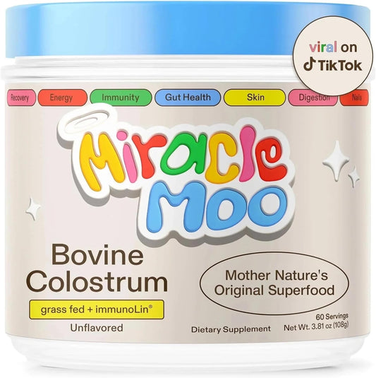 Miracle Moo Colostrum Supplement for Gut Health, Hair Growth, and Immune Support, Unflavored 60 Servings