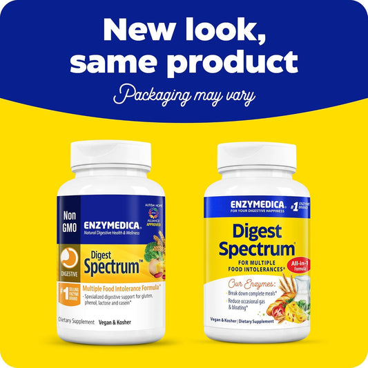 Enzymedica Digest Spectrum, Digestive Enzymes for Multiple Food Intolerances, Breaks Down Gluten, Phenol, Lactose & Casein, Offers Fast-Acting Gas & Bloating Relief, 240 Count