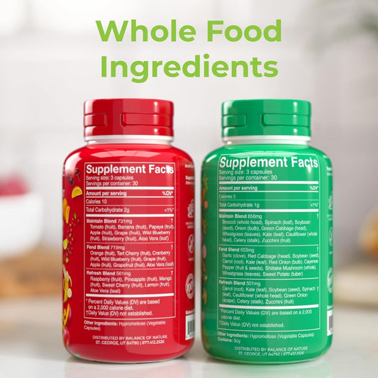 Balance of Nature Fruits and Veggies Supplements - Whole Fruit and Vegetable Ingredients for Women, Men, and Kids - 90 Fruit Capsules, 90 Veggie Capsules