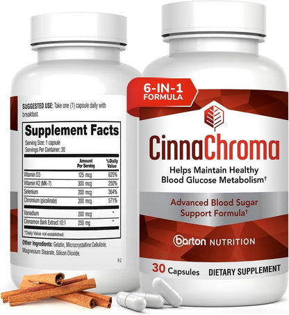 CinnaChroma Capsules - Cinnamon Supplements with 10:1 Extract, Chromium, Vanadium, Selenium, Vitamin D3 & K2 - Natural Sugar Blocker - 30 Capsules