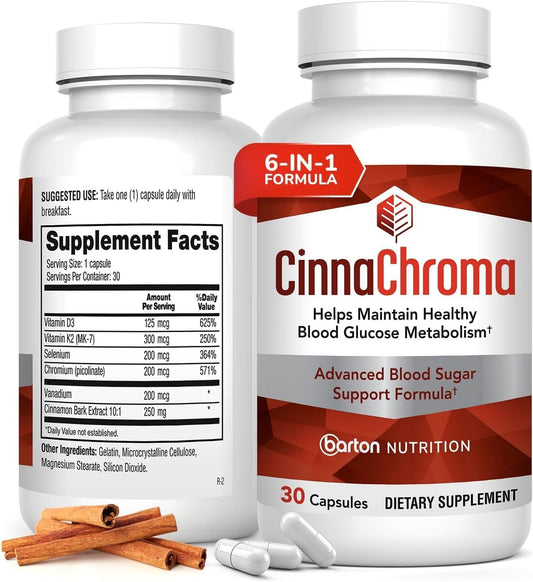 CinnaChroma Capsules - Cinnamon Supplements with 10:1 Extract, Chromium, Vanadium, Selenium, Vitamin D3 & K2 - Natural Sugar Blocker - 30 Capsules