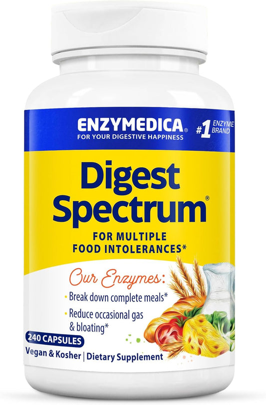 Enzymedica Digest Spectrum, Digestive Enzymes for Multiple Food Intolerances, Breaks Down Gluten, Phenol, Lactose & Casein, Offers Fast-Acting Gas & Bloating Relief, 240 Count