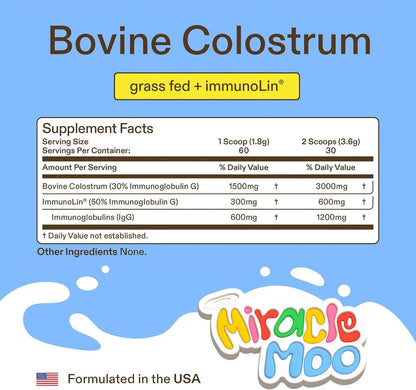 Miracle Moo Colostrum Supplement for Gut Health, Hair Growth, and Immune Support, Unflavored 60 Servings