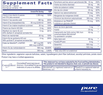 Pure Encapsulations O.N.E. Multivitamin - Once Daily Multivitamin with Antioxidant Complex Metafolin, CoQ10, and Lutein to Support Vision, Cognitive Function, and Cellular Health* - 120 Capsules