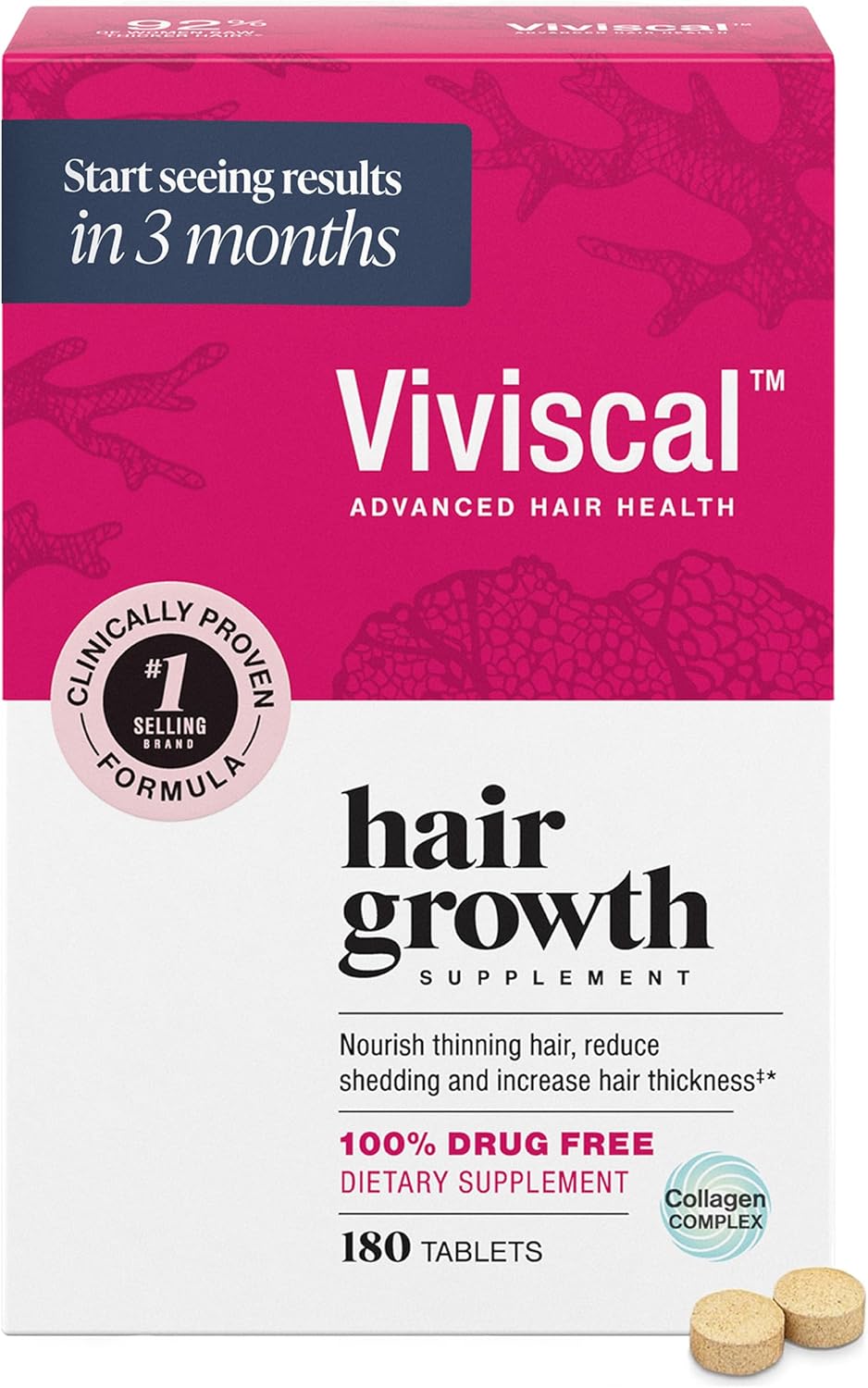 Viviscal Hair Growth Supplements for Women, Thicker Fuller Hair Support for Thinning Hair and Hair Loss, with Biotin and Marine Collagen, Drug-Free, 180 Tablets