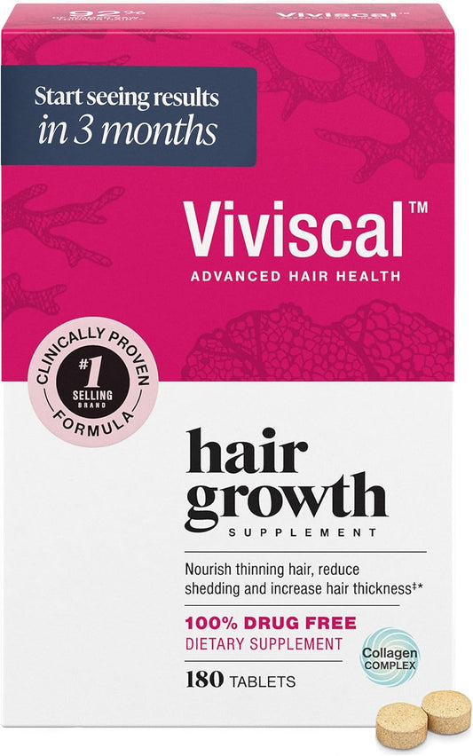 Viviscal Hair Growth Supplements for Women, Thicker Fuller Hair Support for Thinning Hair and Hair Loss, with Biotin and Marine Collagen, Drug-Free, 180 Tablets