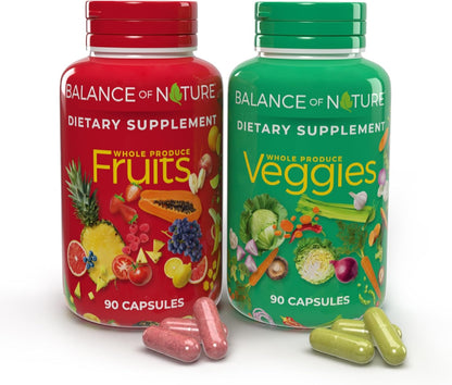 Balance of Nature Fruits and Veggies Supplements - Whole Fruit and Vegetable Ingredients for Women, Men, and Kids - 90 Fruit Capsules, 90 Veggie Capsules