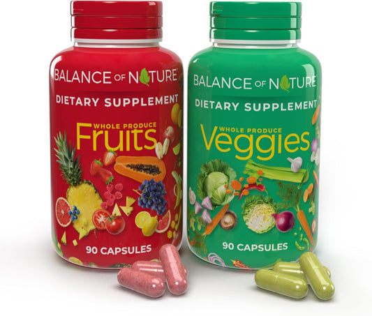 Balance of Nature Fruits and Veggies Supplements - Whole Fruit and Vegetable Ingredients for Women, Men, and Kids - 90 Fruit Capsules, 90 Veggie Capsules