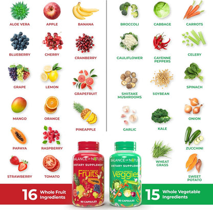 Balance of Nature Fruits and Veggies Supplements - Whole Fruit and Vegetable Ingredients for Women, Men, and Kids - 90 Fruit Capsules, 90 Veggie Capsules